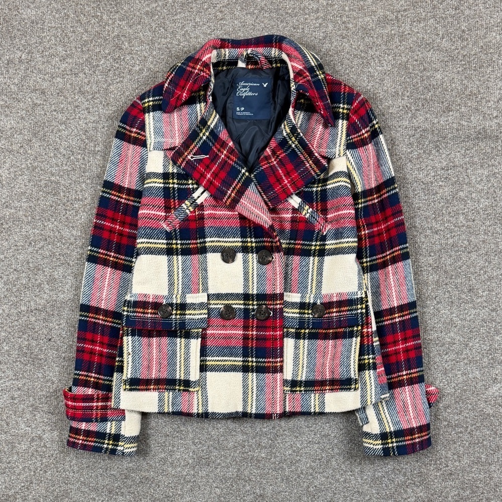 American Eagle Wool Blend Plaid Double Breasted Short Pea Coat Jacket Women’s S‎
